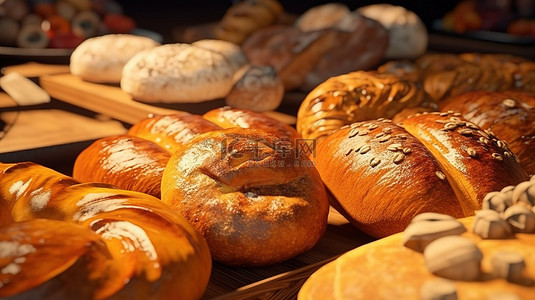面包店中展示的各种新鲜出炉的面包和糕点 3D 特写镜头