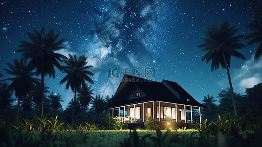 迷人的 3D 插图，展示了一座热带房屋，位于黑暗的森林中，夜空繁星点点