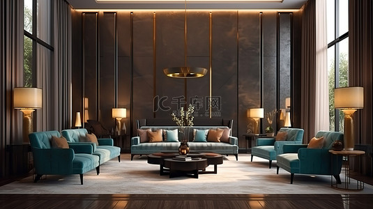 现代酒店大堂奢华的空间，配有 3D 制作的豪华沙发和别致的扶手椅