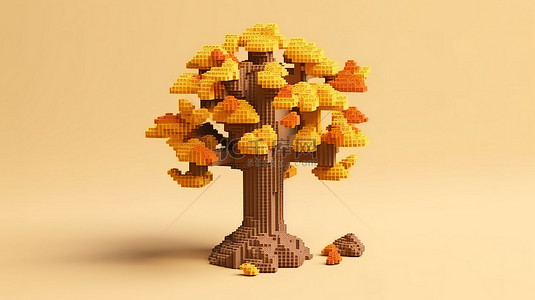 眼睛像素画背景图片_秋季万圣节灵感来自卡通造型的干棕色树的 3D 像素艺术