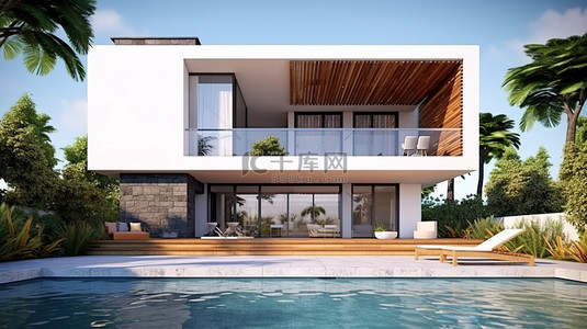 外观建筑背景图片_带露台和游泳池的现代住宅的外观设计渲染