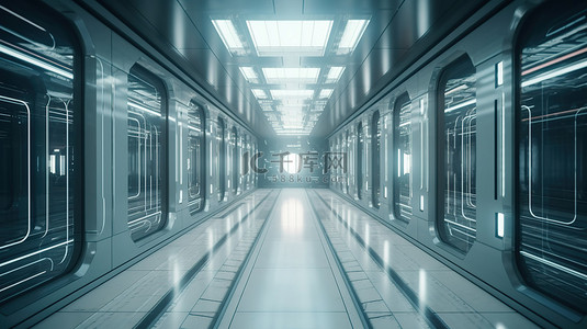 未来太空时代走廊空荡荡的科幻走廊的 3D 渲染