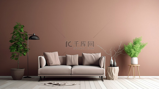 营养粉背景图片_有棕色墙壁和3d渲染的沙发的斯堪的纳维亚客厅