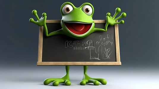 野生青蛙背景图片_在热带环境中拿着黑板的搞笑 3D 绿青蛙