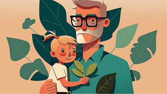 抱孩子背景图片_父亲节插画背景父亲抱着孩子场景植物