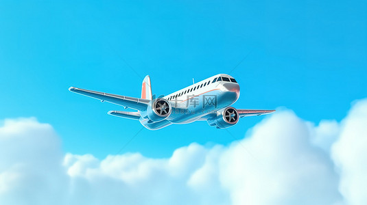 天蓝色背景的简约 3D 渲染，云中飞行的飞机