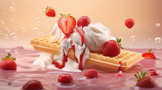 3D 渲染中在晶圆背景上融化草莓和香草冰淇淋