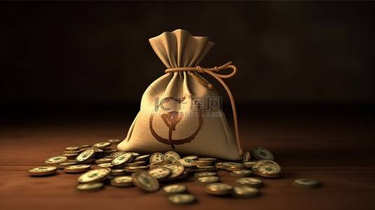 钱袋金币背景图片_钱袋内的美元现金袋 3D 渲染插图