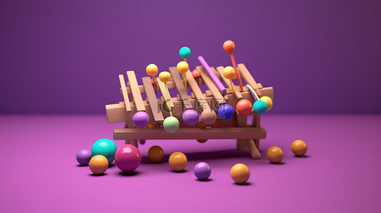 带音乐的玩具背景图片_薰衣草背景上带木槌的充满活力的木制木琴 3D 渲染