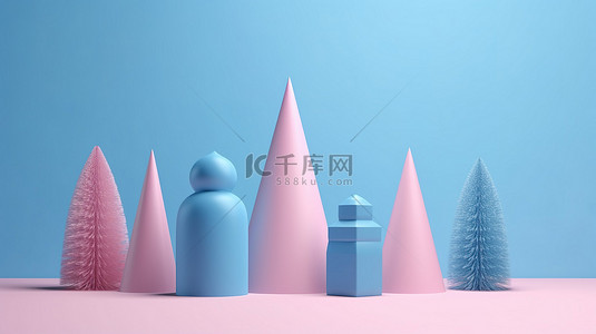 一个简约的设计对象，在粉红色的背景上有 3D 渲染的几何形状的蓝色树立方体椭圆锥体