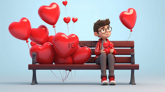 年轻人年轻人背景图片_英俊的年轻人坐在长凳上喜欢心形气球 3D 可视化