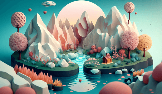 河流山脉植物花树自然风景游戏背景插图