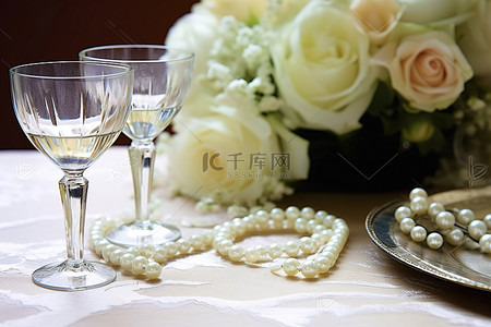 当天背景图片_带珍珠眼镜和鲜花的婚礼当天卡