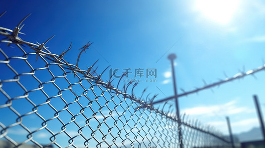 锌钢围栏背景图片_禁区想法金属围栏，带刺铁丝网，反对 3d 创建的蓝天