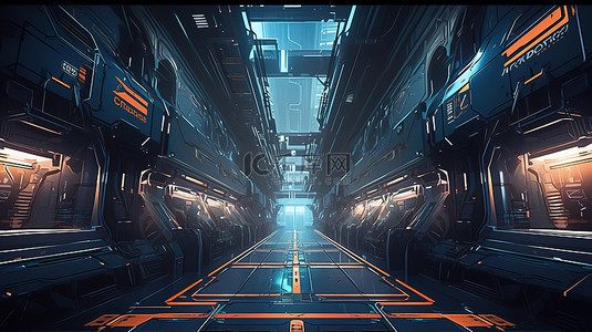 赛博朋克霓虹背景图片_赛博朋克概念霓虹蓝橙色宇宙飞船走廊在 3D 渲染中发光