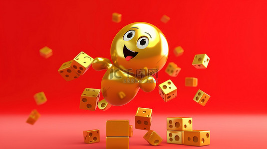 3D 渲染人物吉祥物，在充满活力的黄色背景上飞行红色游戏骰子立方体和金色忠诚计划奖金硬币