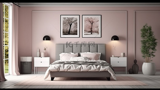 带空白框架悬挂物的卧室床头板的 3D 插图