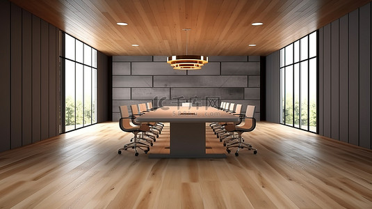 木地板客厅背景图片_商务会议室的时尚 3D 渲染，配有华丽的木地板