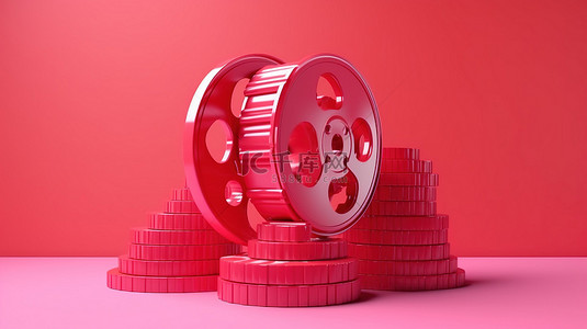 粉红色背景上插画家渲染的红色 3D 视频播放图标