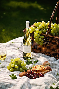 野餐摊包括酿酒葡萄和篮子