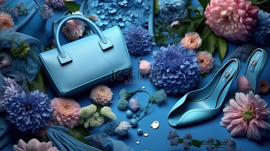 蓝色衣服女背景图片_花朵注入的氛围充满活力的晚礼服别致的包袋时尚的鞋子和迷人的化妆品在蓝色画布上翱翔 3D 概念化