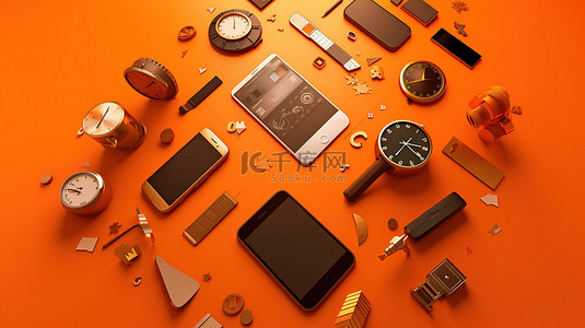 充满活力的橙色背景与智能手机时钟信用卡 wifi 等的 3D 图标