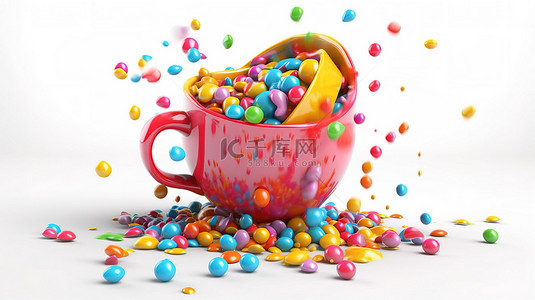 泡泡糖背景图片_充满活力的口香糖从单独站立在白色背景 3D 插图上的杯子中溢出