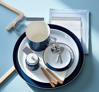 一个蓝色托盘，里面装满白色勺子和盘子