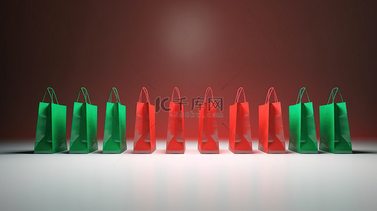 一排红色和绿色的 3d 图形购物袋