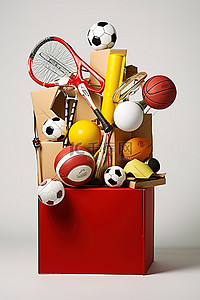 各种球拍背景图片_白色背景上的白色运动箱，包含各种体育用品