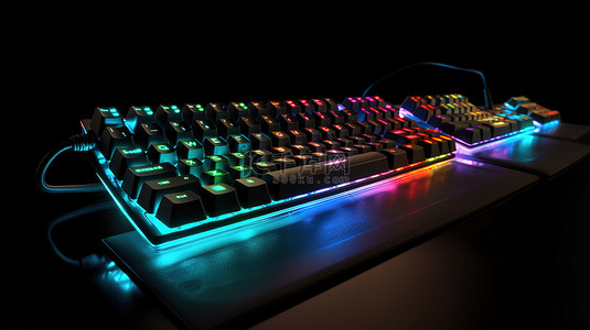 具有黑色背景的游戏玩家工作区的 3D 渲染，具有流线型 RGB 键盘和流媒体设备