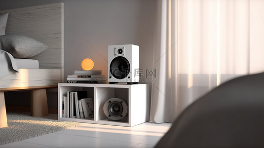 低音扬声器背景图片_简约设计的卧室配有 3D 渲染音乐扬声器和时尚的床头柜