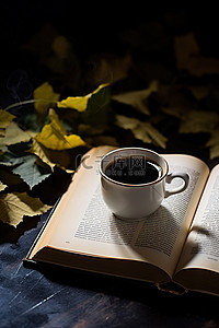 一本打开的书，上面有一个咖啡杯，坐在树叶上