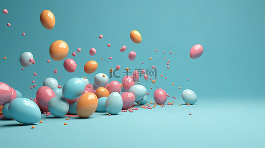装饰彩蛋背景图片_五颜六色的复活节彩蛋在具有各种图案的蓝色背景上以 3D 渲染方式漂浮和落下