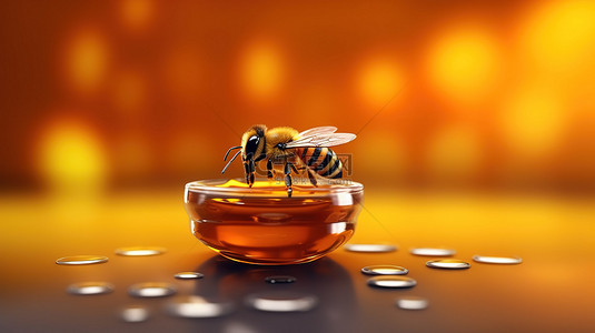 可爱卡通小蜜蜂背景图片_产品展台 3D 渲染上展示的小蜜蜂，上面有一滴发光的金色蜂蜜