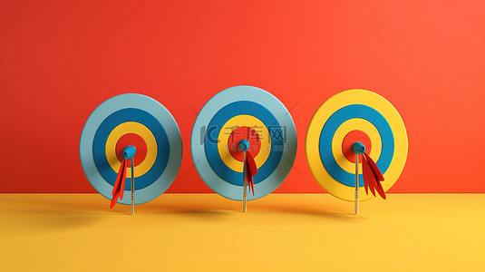 黄色蓝色靶心的十大目标 3d 渲染，橙色背景上带有三个红色飞镖，用于 seo 推广社交营销和有针对性的广告