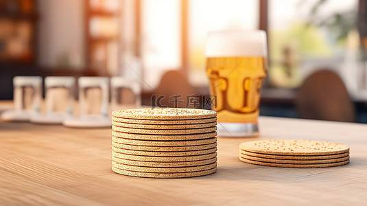 3D 渲染的一堆圆形软木杯垫作为白色木桌上的模型