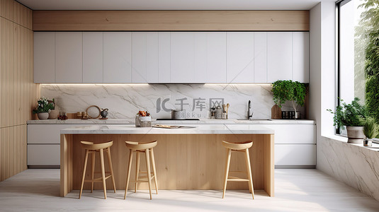 现代厨房的 3D 插图，配有白色大理石顶桌和木柜
