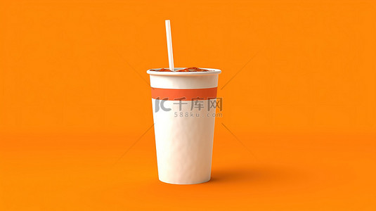 橙色背景上装满苏打水的白色纸杯的 3D 渲染