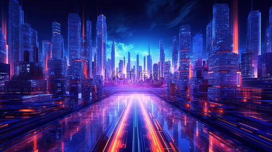 抽象背景中霓虹灯照亮的未来派大都市的 3D 插图