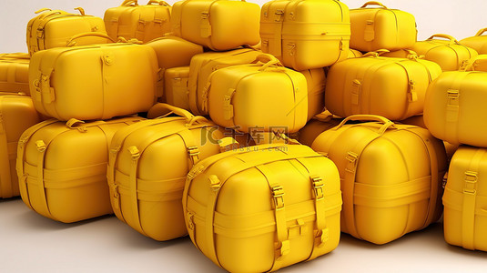 旅游黄色背景背景图片_3d 渲染中的一堆黄色行李