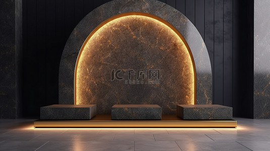 录课框架背景图片_豪华花岗岩房间中金色拱形花岗岩讲台的 3D 渲染，用于产品展示