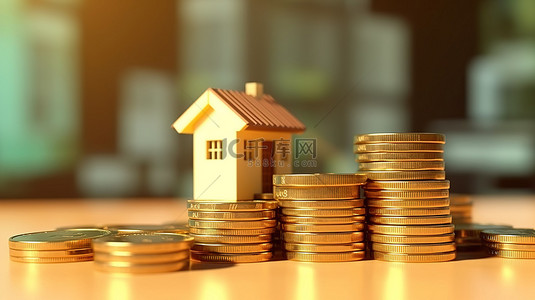 房屋金币背景图片_房屋和硬币的 3D 渲染，出售房屋以获取利润