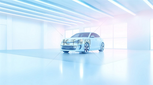 白色房间中蓝色光线照亮的时尚白色塑料汽车的抽象 3D 渲染