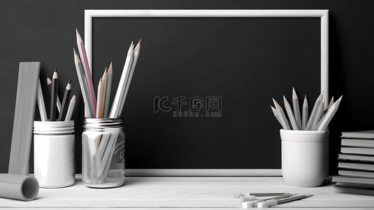 毕业背景卡通背景图片_卡通黑板背景与复制空间 3D 渲染铅笔和白色模型的教育概念