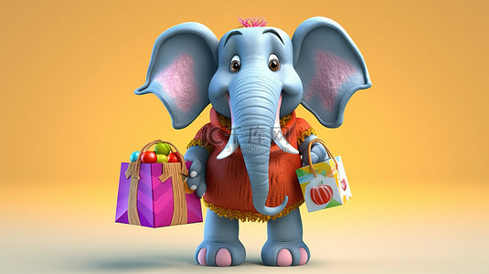 俏皮的 3D 大象与购物袋创意插画