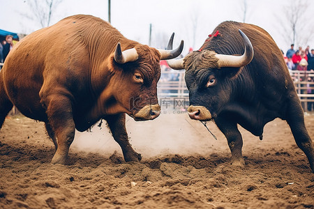 两只公牛在泥土地上互相打斗