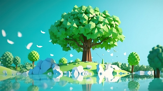 低聚卡通风格 3D 渲染绿色公园和蓝色水域唤起夏日氛围