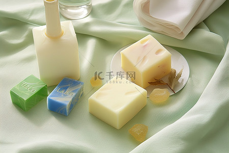 产后骨盆康复背景图片_床上和毛巾上的肥皂蜡烛肥皂条