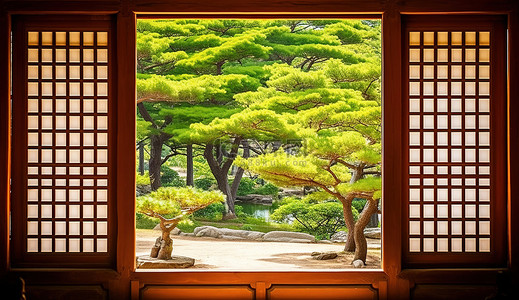 韩式石锅背景图片_带有木框的韩式窗户通向开放区域
